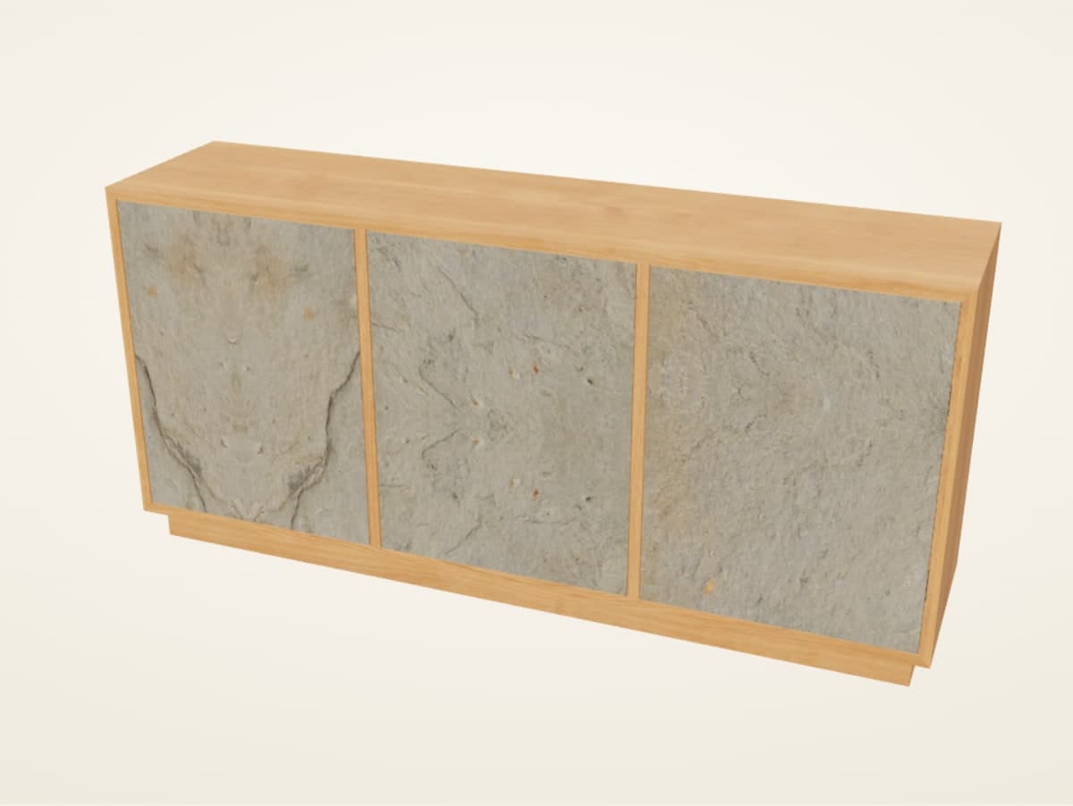 Barsideboard Cuvée in 3D: Eiche massiv mit drei Fronten aus Schiefer