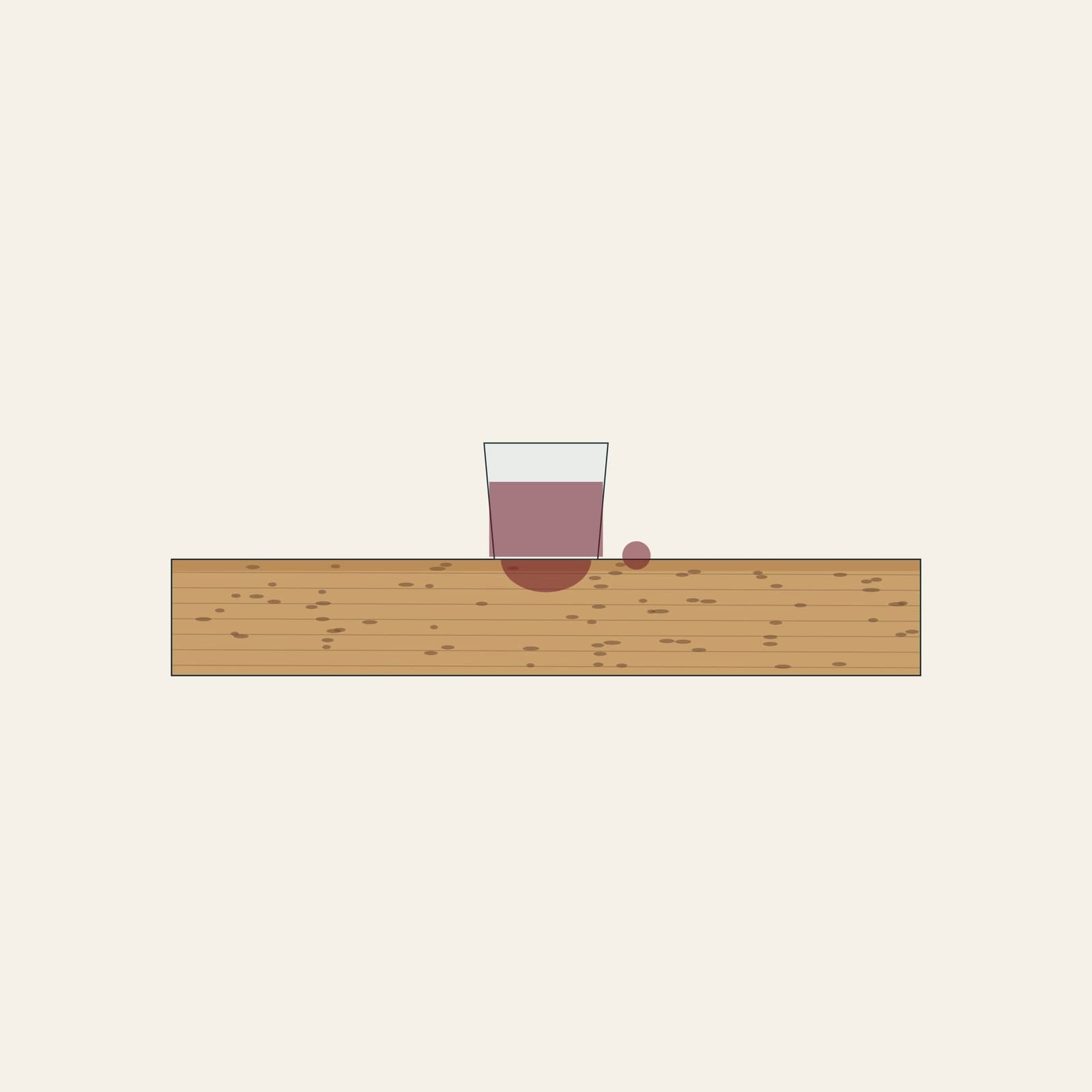 Schnitt durch eine geölte Tischoberfläche mit einem Glas Rotwein